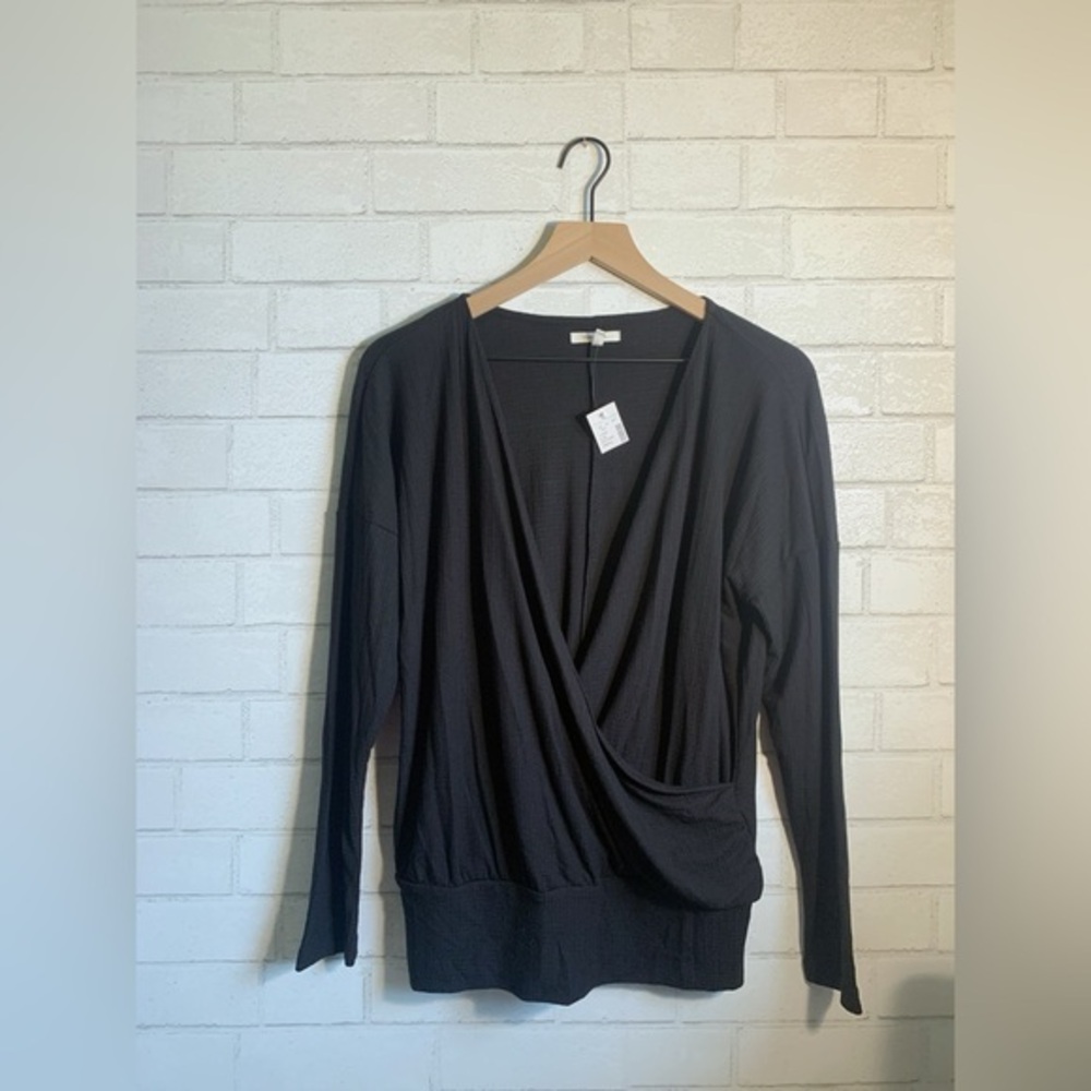 New Maurices Semi Sheer Ribbed Yoga Open Black Wrap Long Sleeve Blouse Top